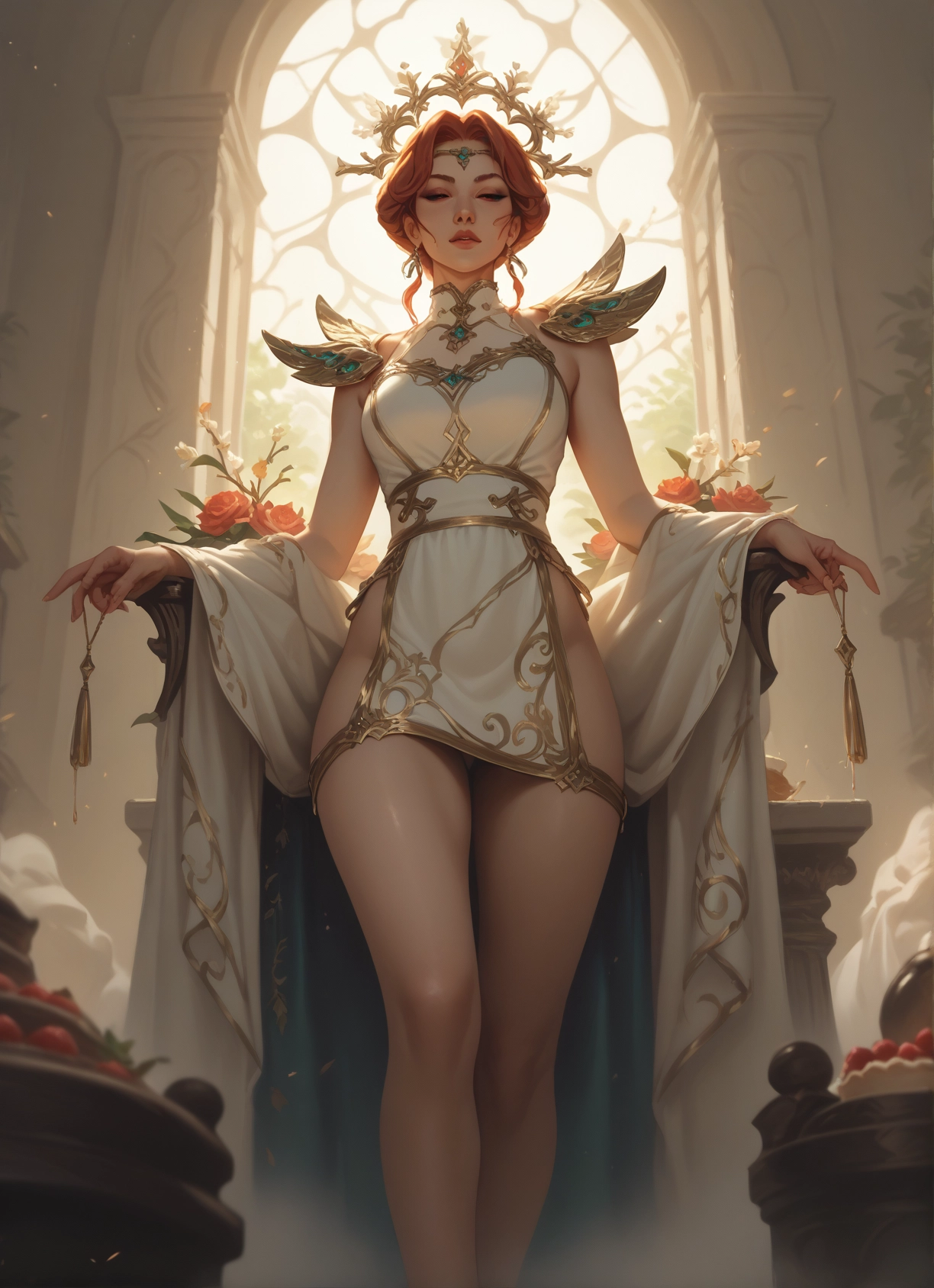 1girl, solo, flower, dress, jewelry, food · Yamete.gg