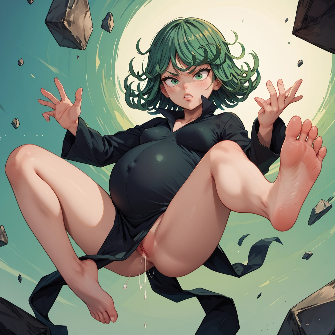1girl, barefoot, solo, green eyes, feet, dress · Yamete.gg