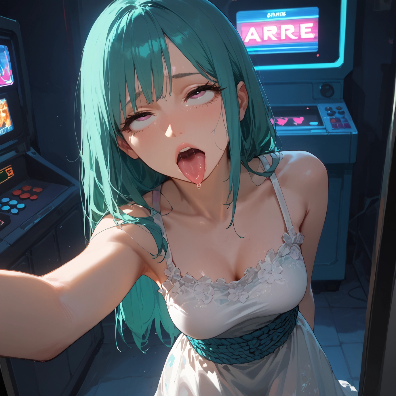 1girl, breasts, dress, tongue, tongue out, long hair · Yamete.gg
