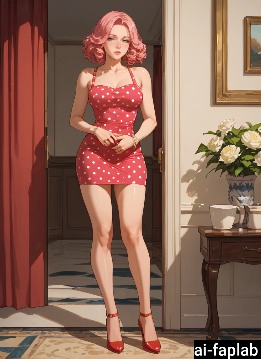 1girl, dress, solo, vase, pink hair, jewelry