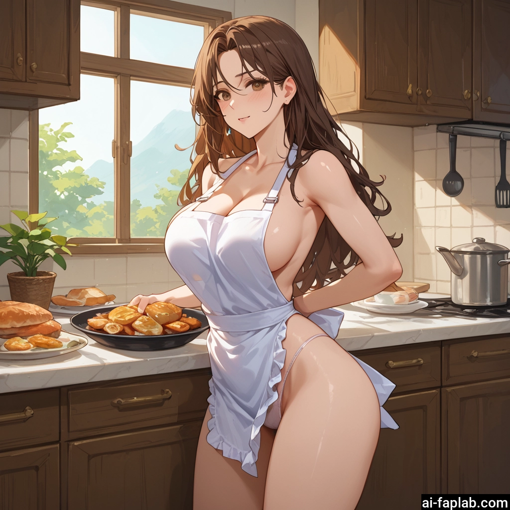 breasts, 1girl, brown hair, long hair, apron, large breasts