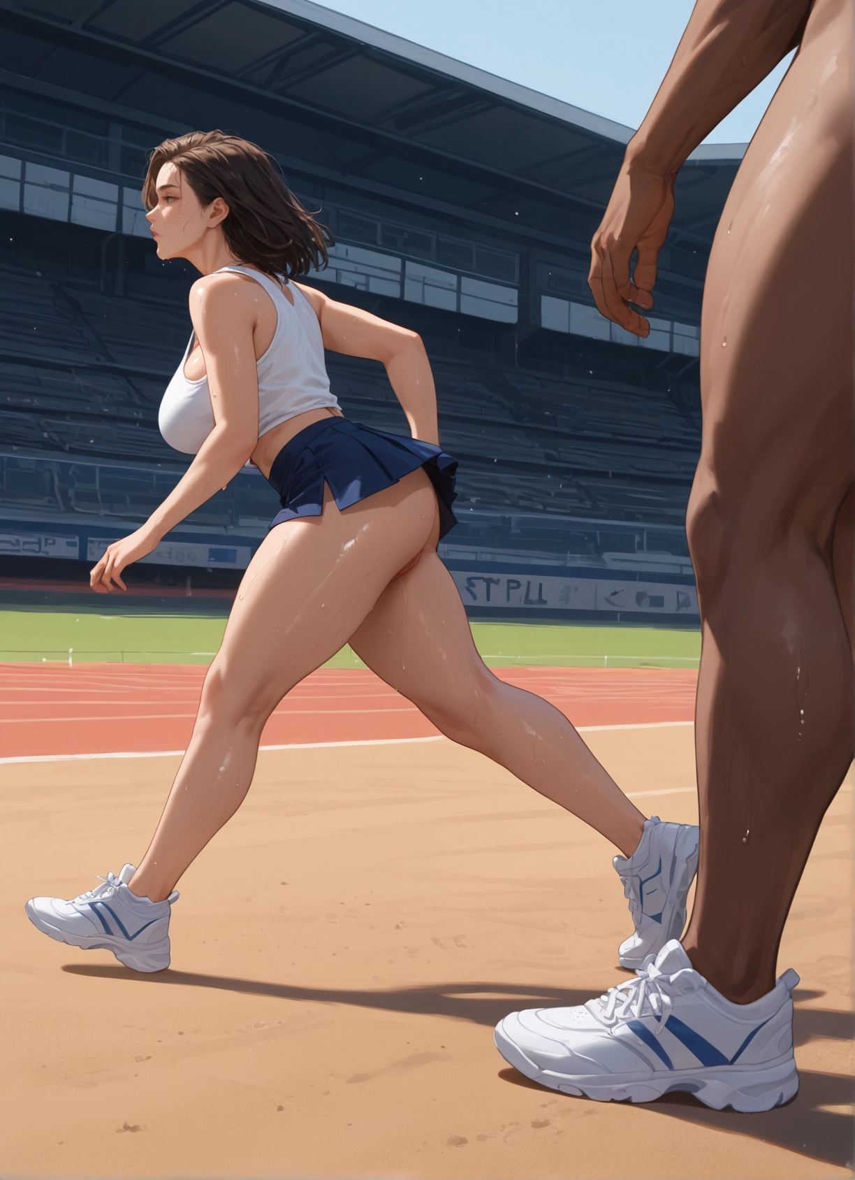 1girl, 1boy, breasts, skirt, brown hair, ass · Yamete.gg