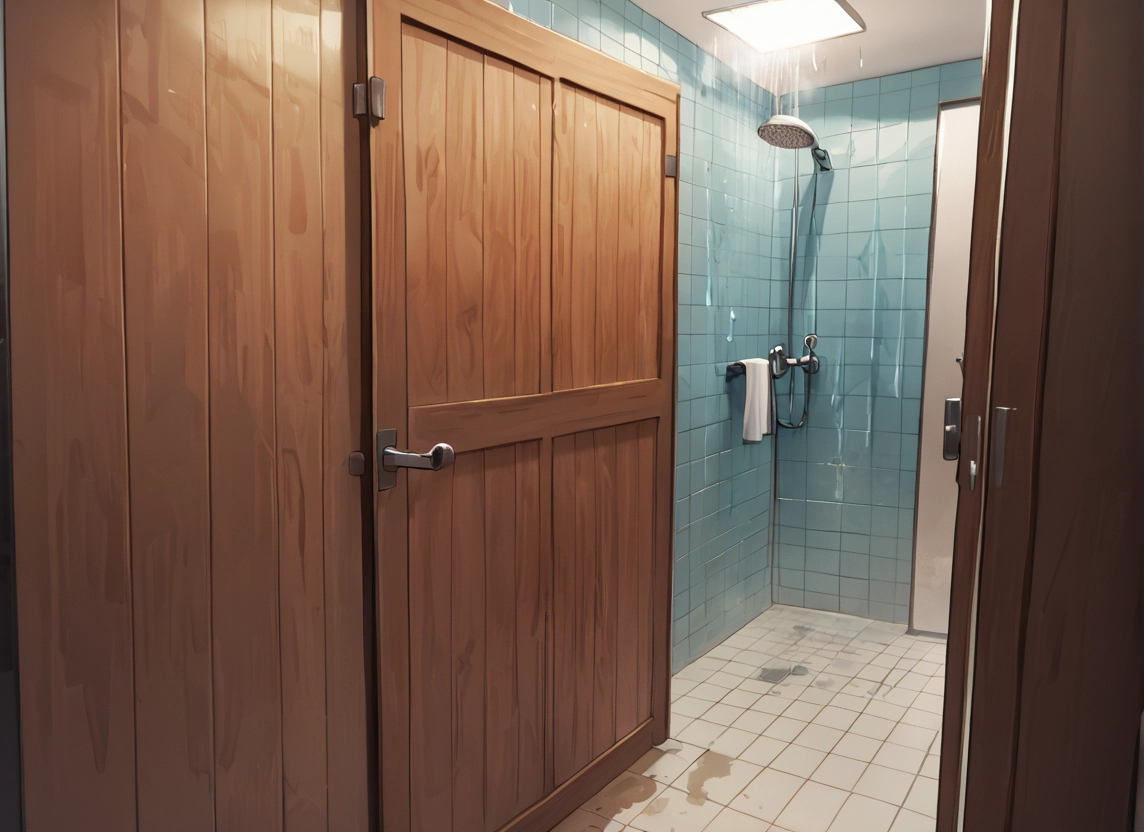 no humans, scenery, towel, door, shower head, tiles