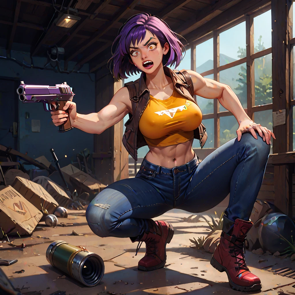 1girl, weapon, breasts, denim, pants, purple hair · Yamete.gg