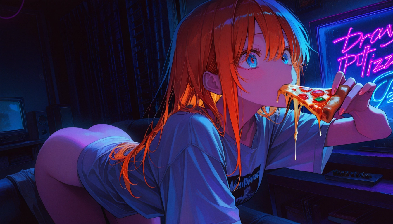 1girl, pizza, food, solo, long hair, orange hair · Yamete.gg