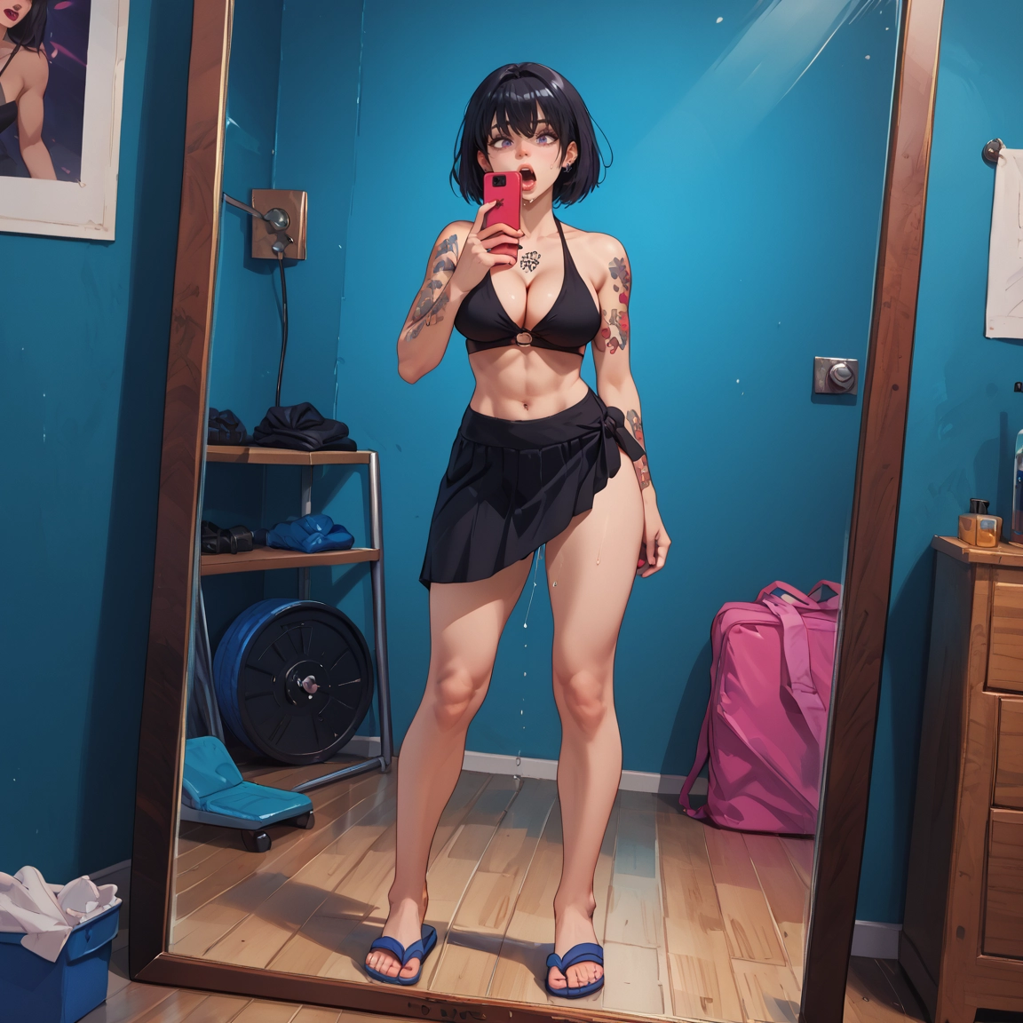 1girl, phone, breasts, tattoo, black hair, cellphone · Yamete.gg