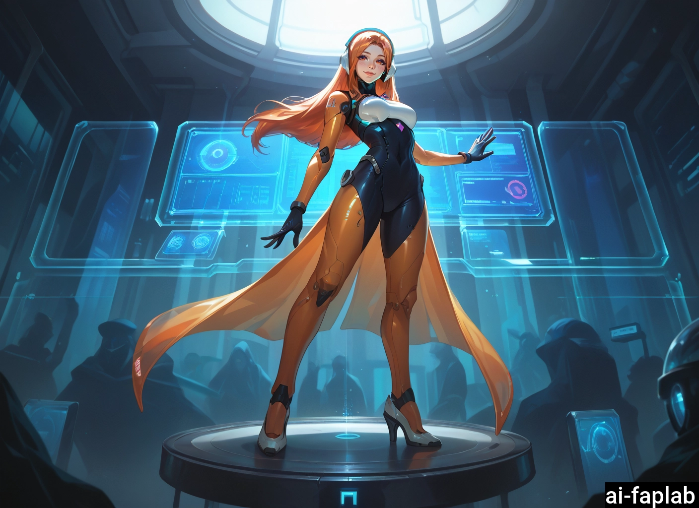 1girl, high heels, long hair, orange hair, breasts, bodysuit
