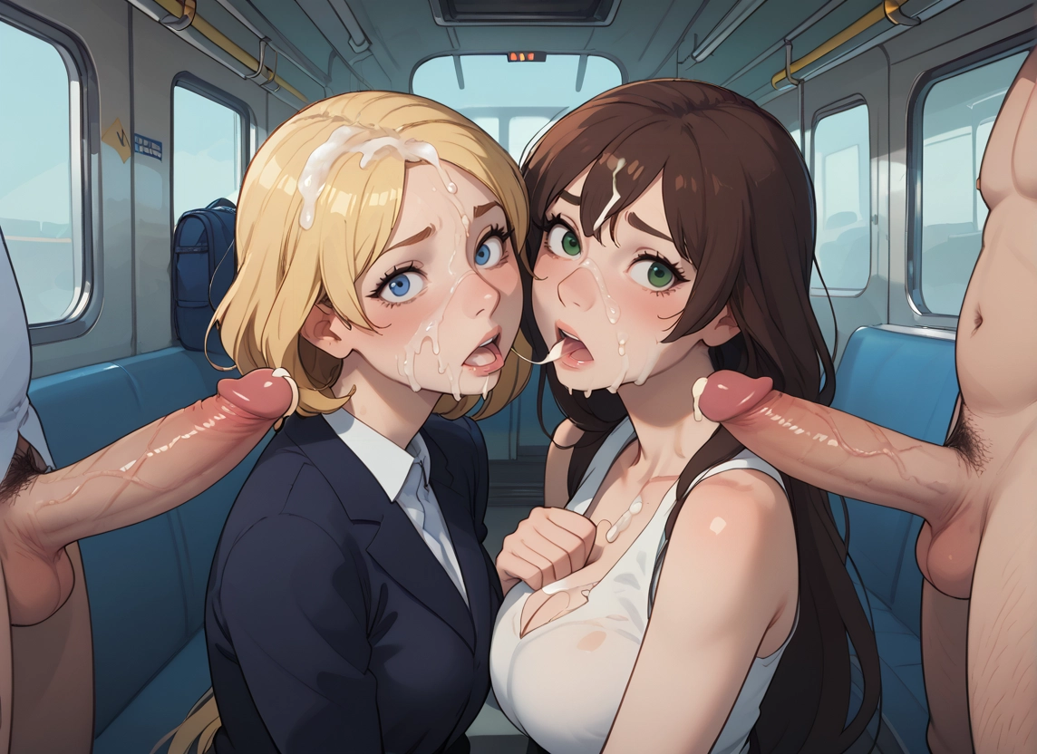 2girls, multiple girls, facial, cum, blonde hair, multiple boys · Yamete.gg