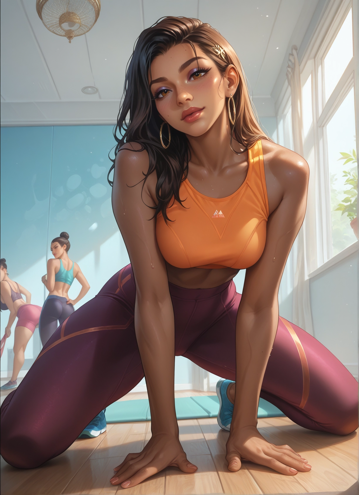multiple girls, jewelry, earrings, breasts, dark-skinned female, dark skin · Yamete.gg