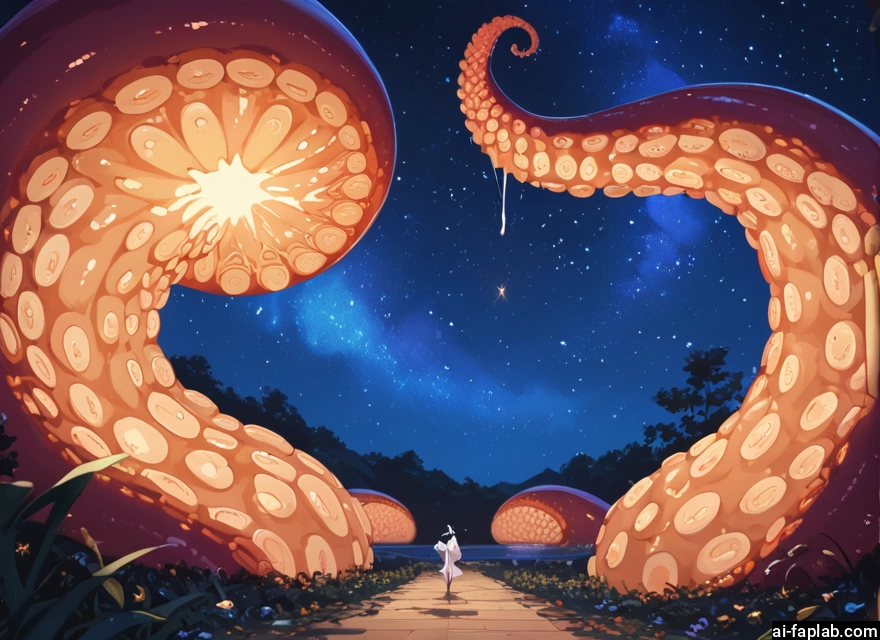 tentacles, sky, star (sky), night, 1girl, starry sky