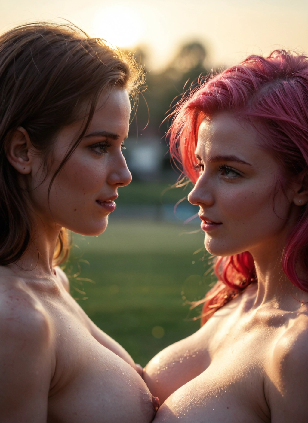multiple girls, 2girls, breasts, nipples, breast press, pink hair · Yamete.gg