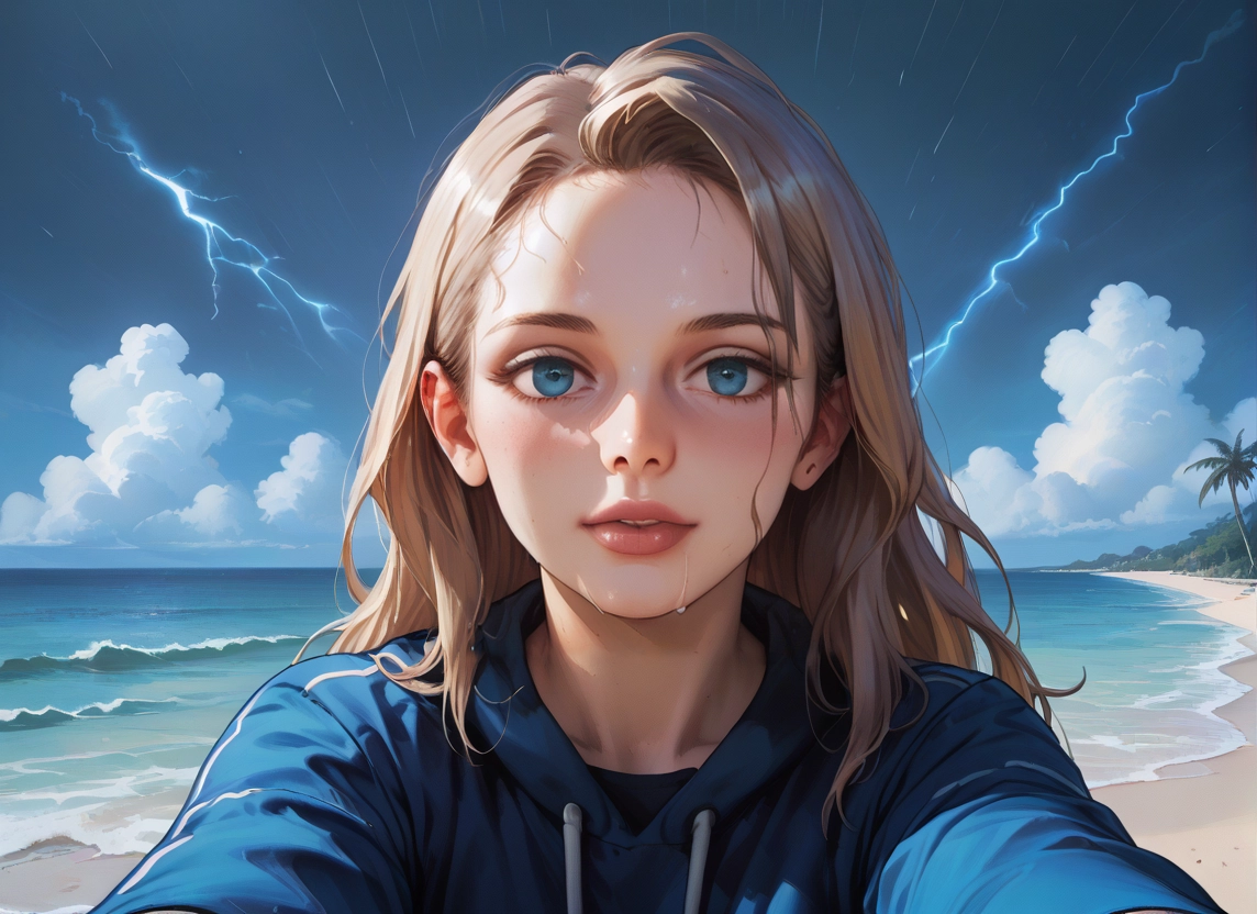 1girl, blue eyes, solo, looking at viewer, hood, outdoors · Yamete.gg