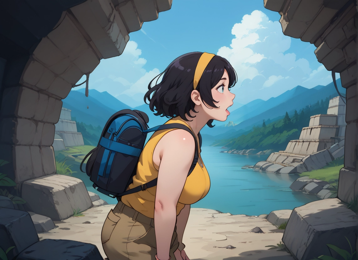 1girl, breasts, solo, outdoors, hairband, bag