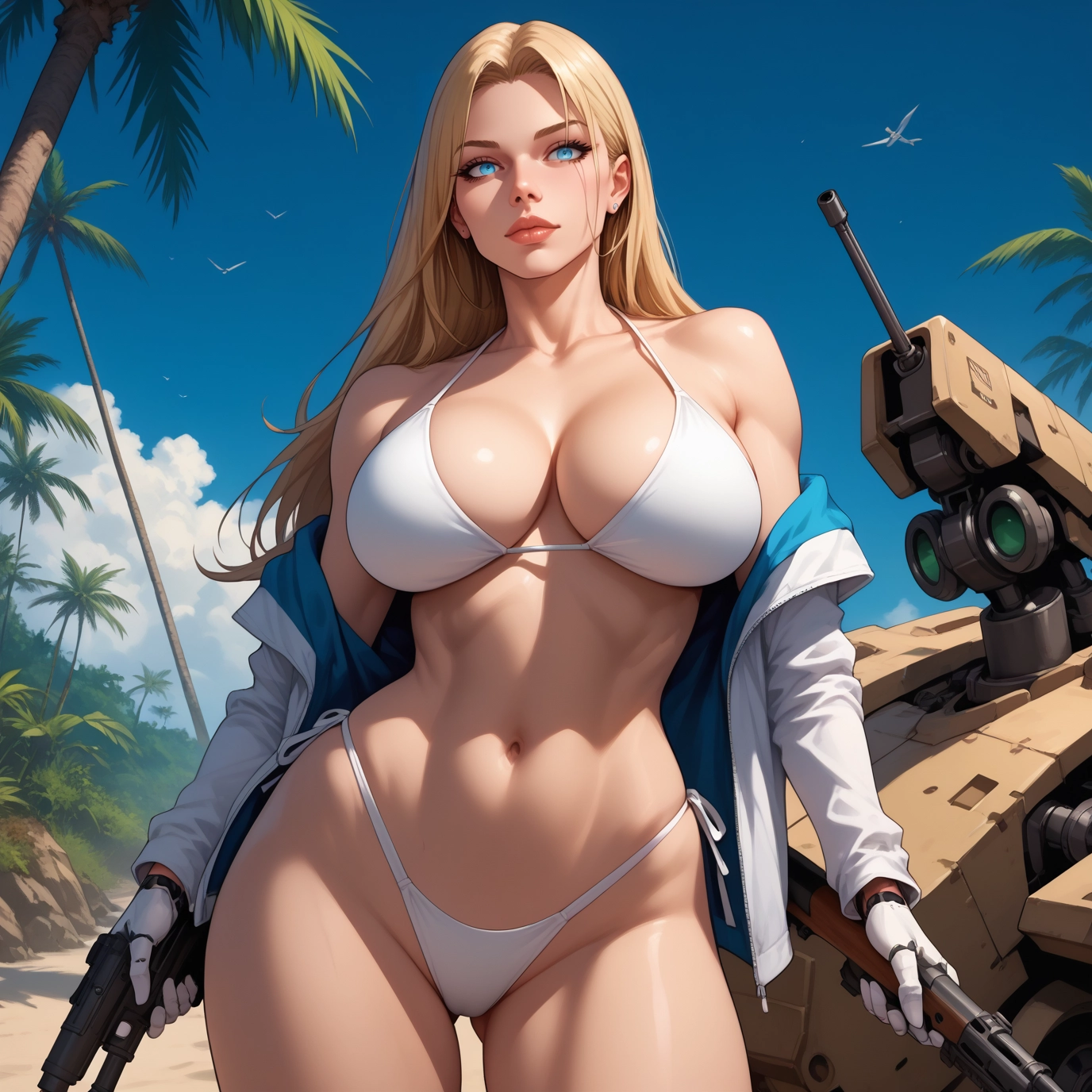 1girl, swimsuit, bikini, weapon, breasts, blonde hair · Yamete.gg