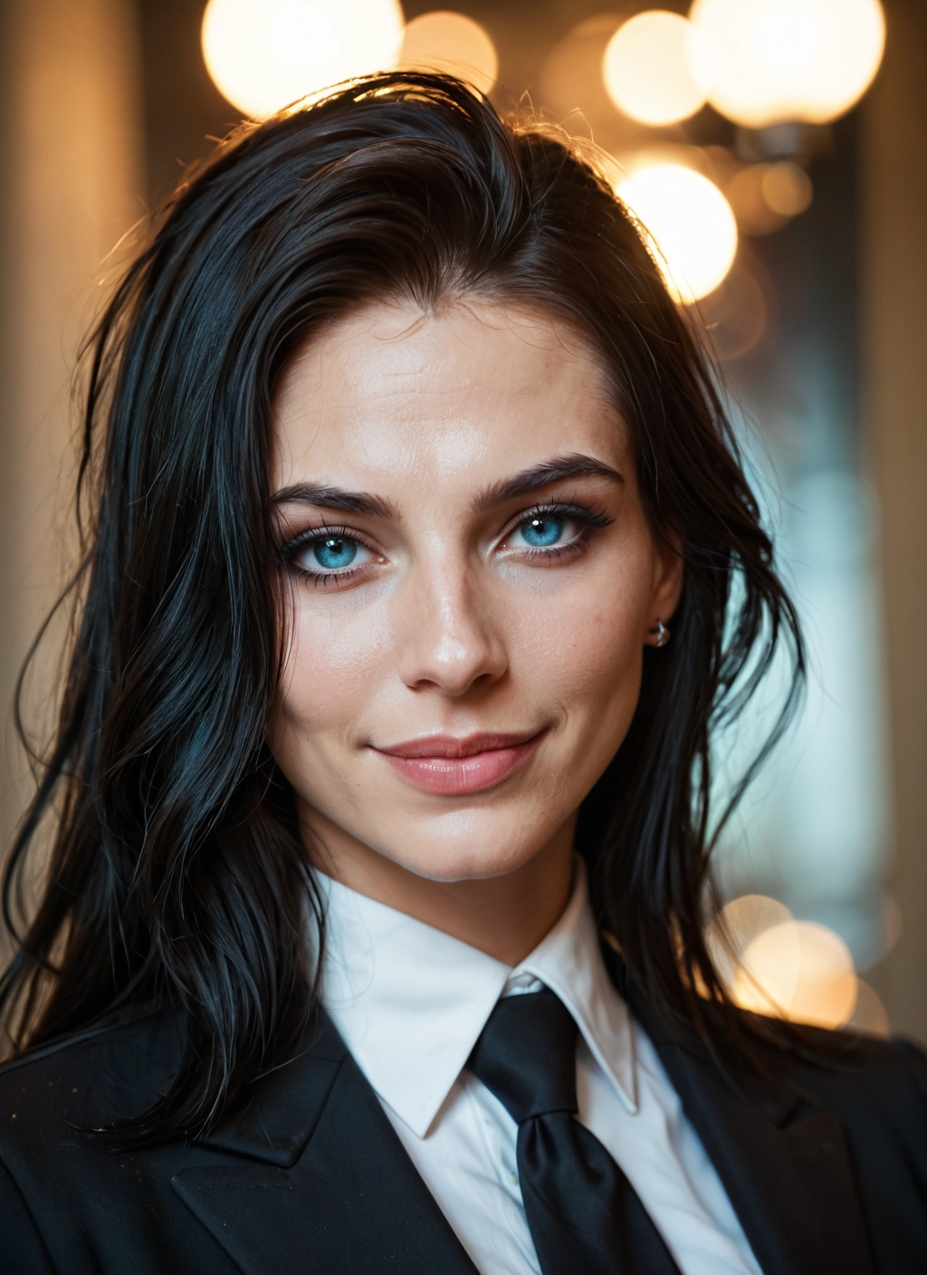 1girl, solo, black hair, necktie, jewelry, earrings · Yamete.gg