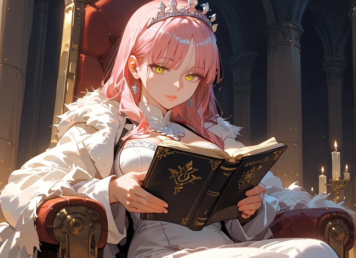 1girl, pink hair, book, yellow eyes, jewelry, candle · Yamete.gg