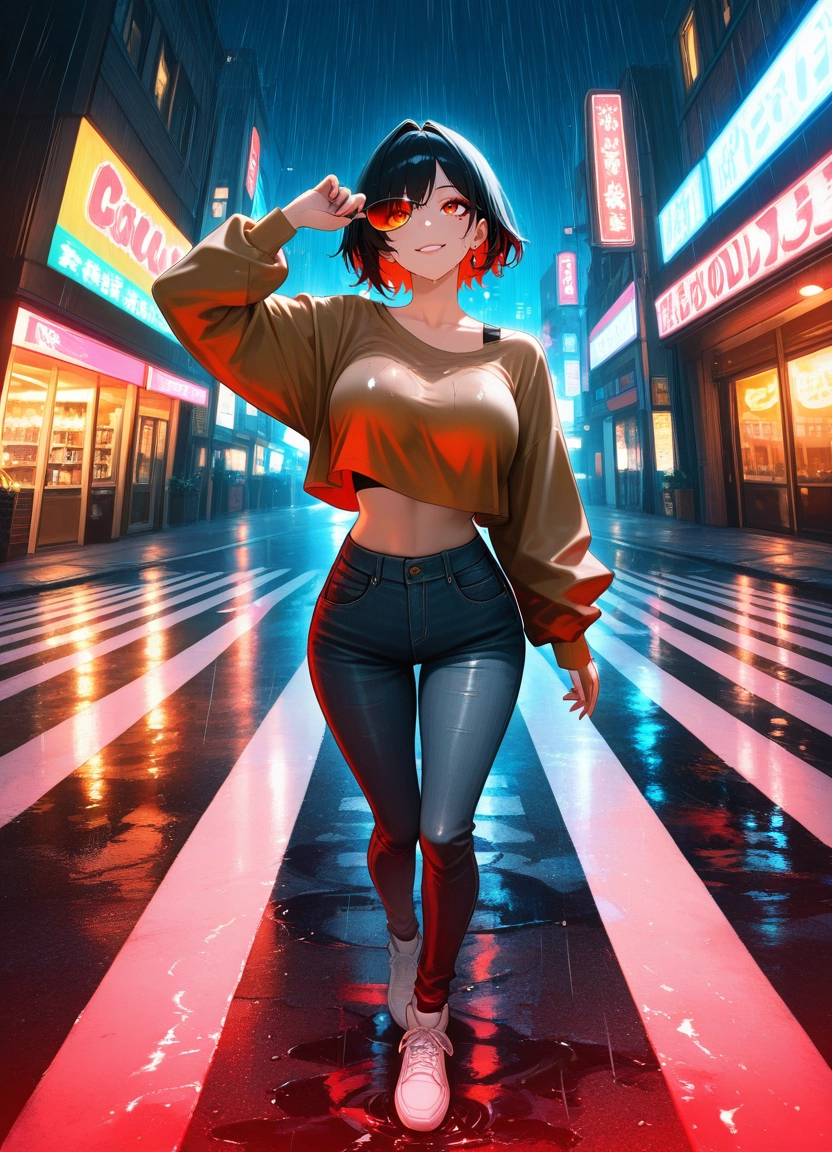 1girl, black hair, pants, denim, solo, crop top