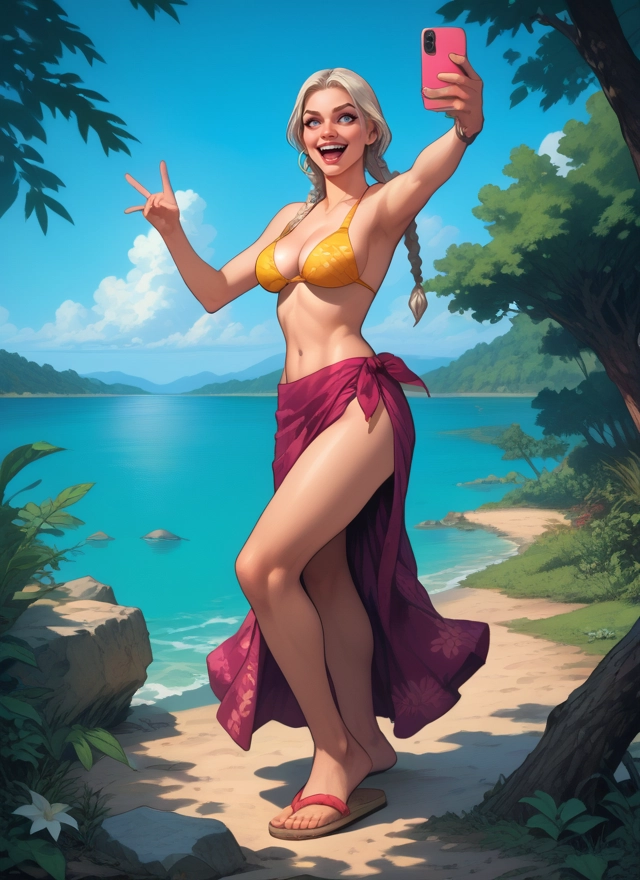 1girl, swimsuit, bikini, phone, solo, braid