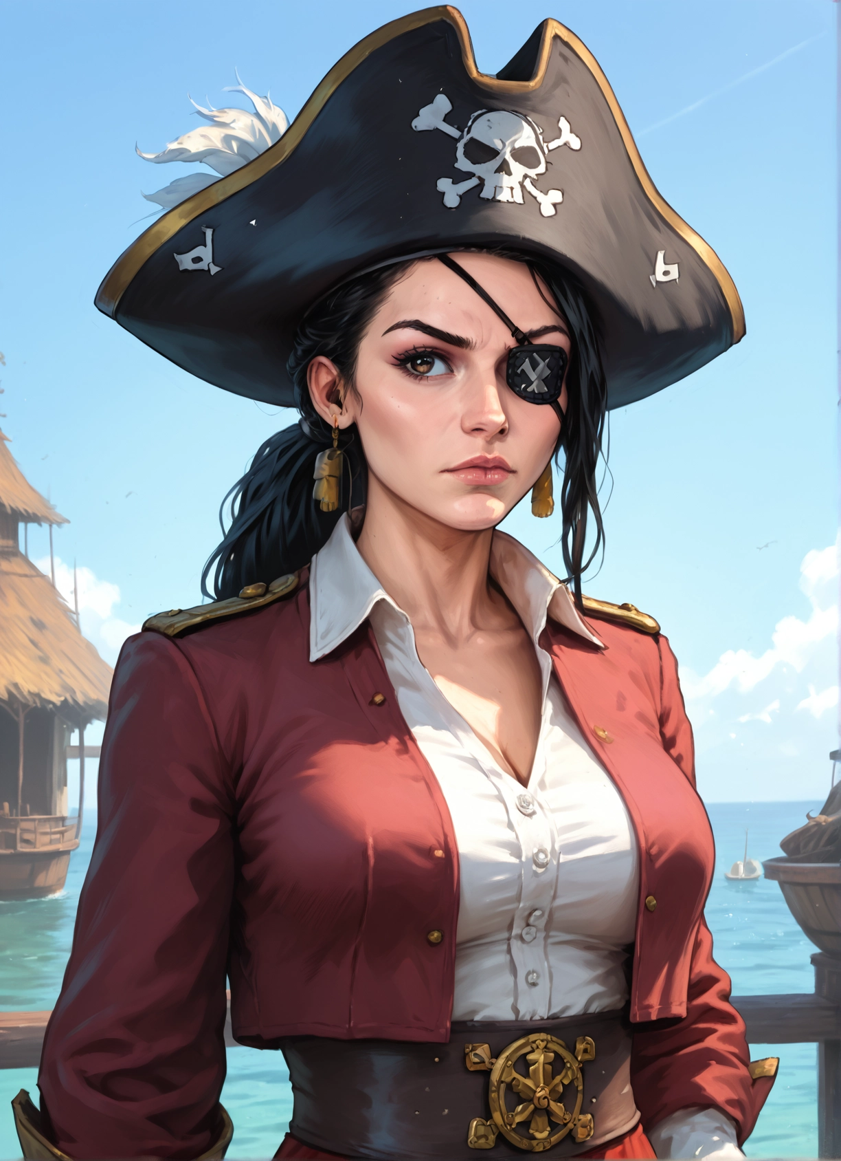 1girl, eyepatch, hat, solo, breasts, pirate hat
