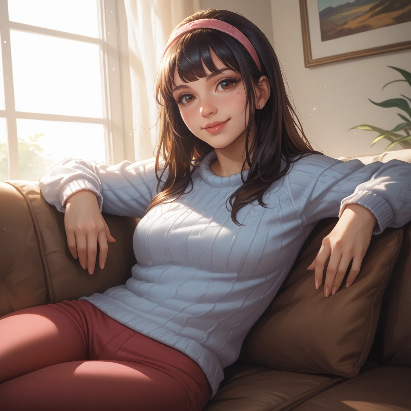 1girl, solo, sweater, brown eyes, hairband, looking at viewer · Yamete.gg