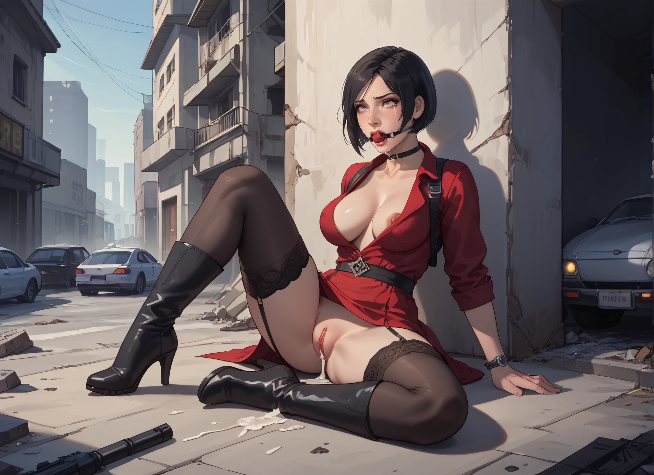 1girl, breasts, cum, gag, thighhighs, boots · Yamete.gg