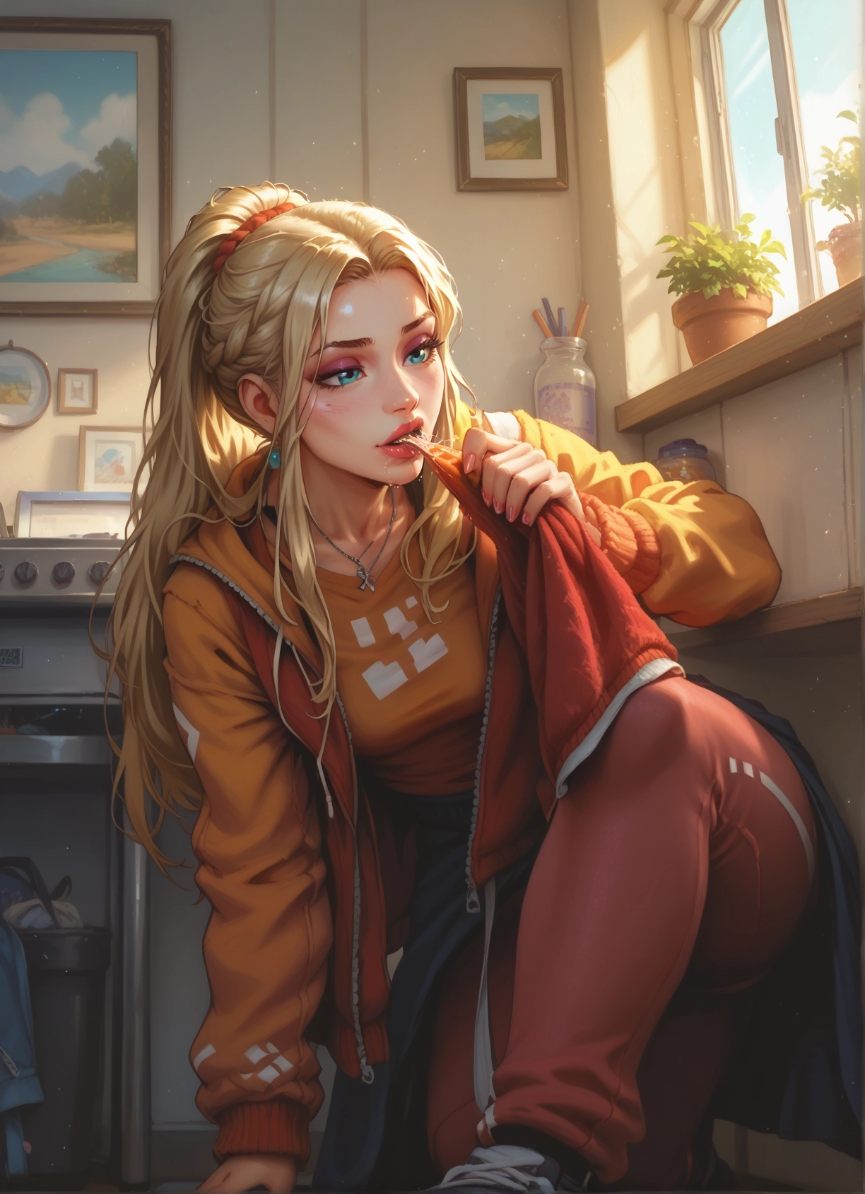 1girl, blonde hair, jewelry, solo, earrings, long hair · Yamete.gg