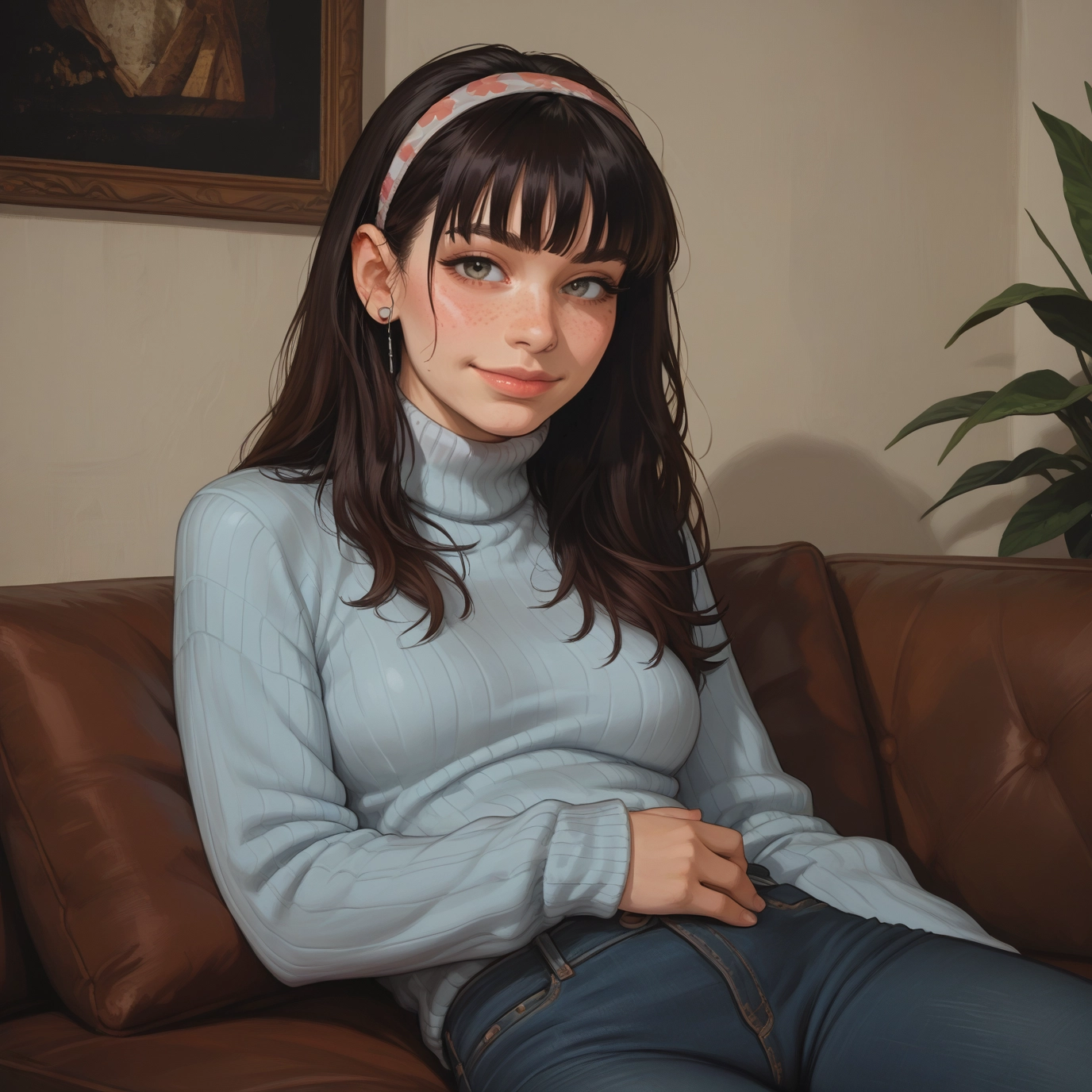 1girl, solo, sweater, jewelry, earrings, pants · Yamete.gg