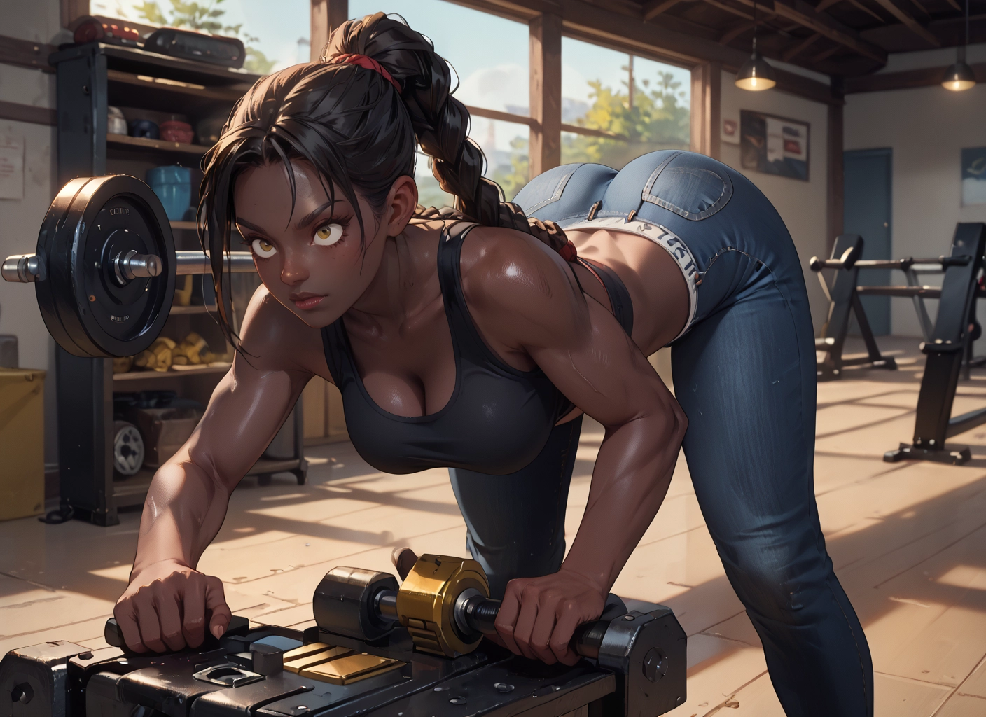 1girl, breasts, pants, cleavage, braid, solo · Yamete.gg