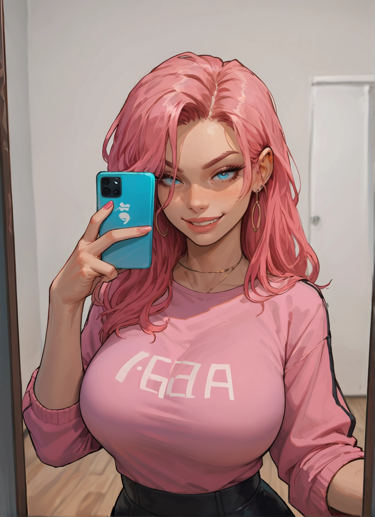 1girl, breasts, jewelry, pink hair, phone, earrings · Yamete.gg