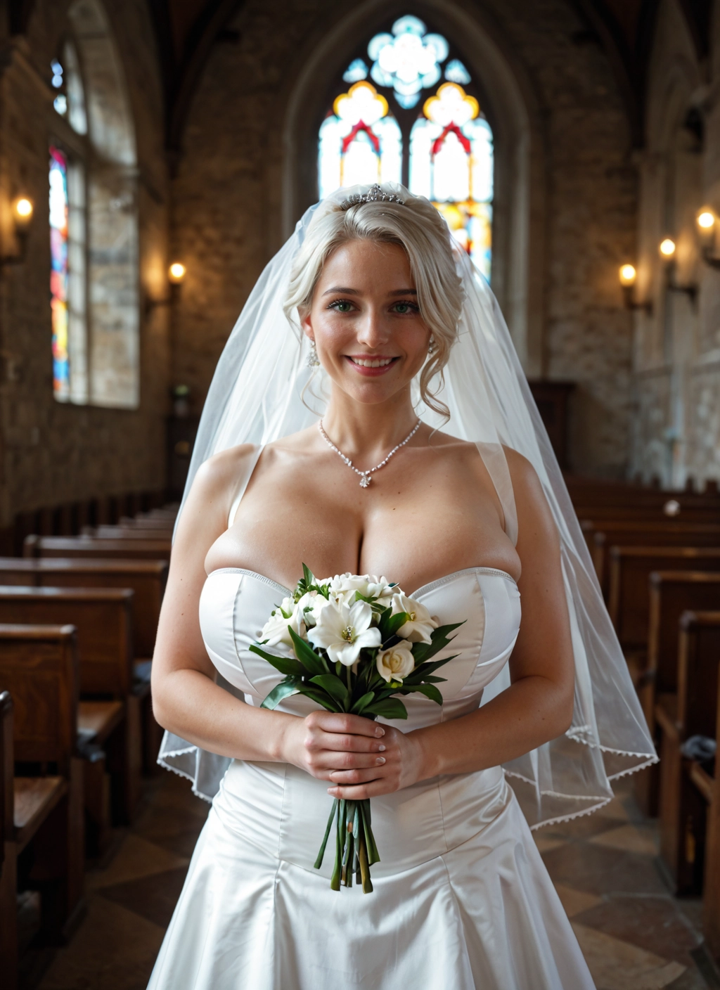1girl, breasts, dress, flower, wedding dress, jewelry · Yamete.gg