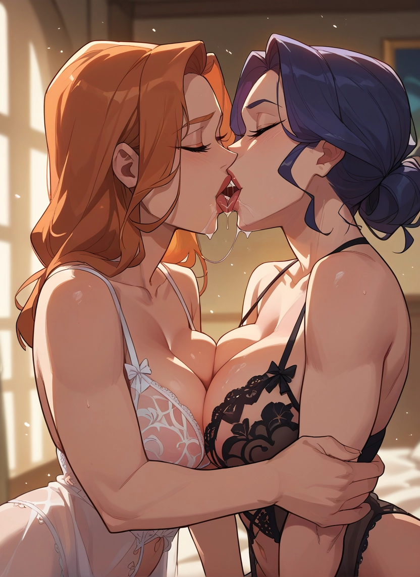 multiple girls, breasts, 2girls, yuri, kiss, closed eyes · Yamete.gg