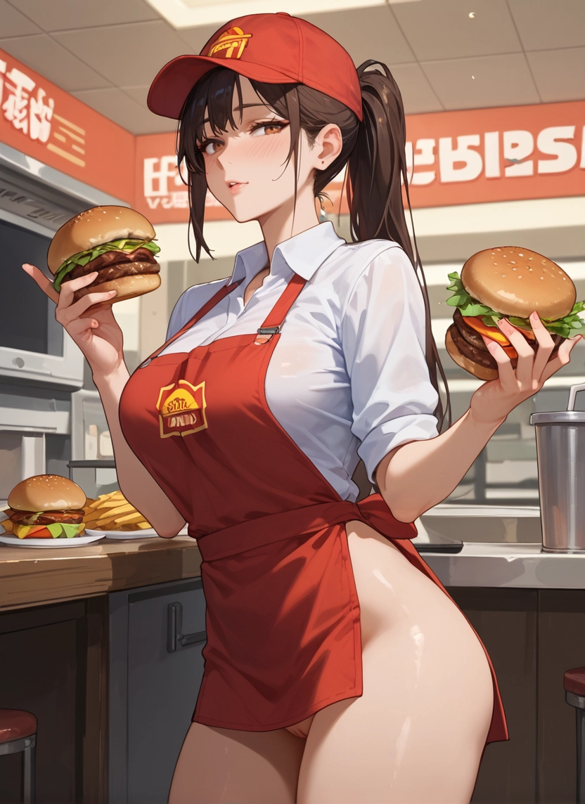 1girl, food, burger, apron, breasts, hat · Yamete.gg