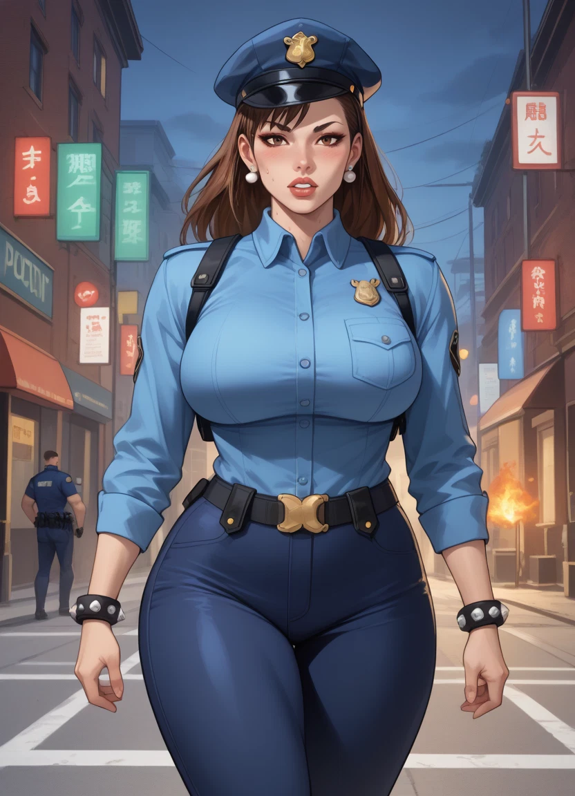 1girl, chun-li, police, police uniform, breasts, jewelry · Yamete.gg