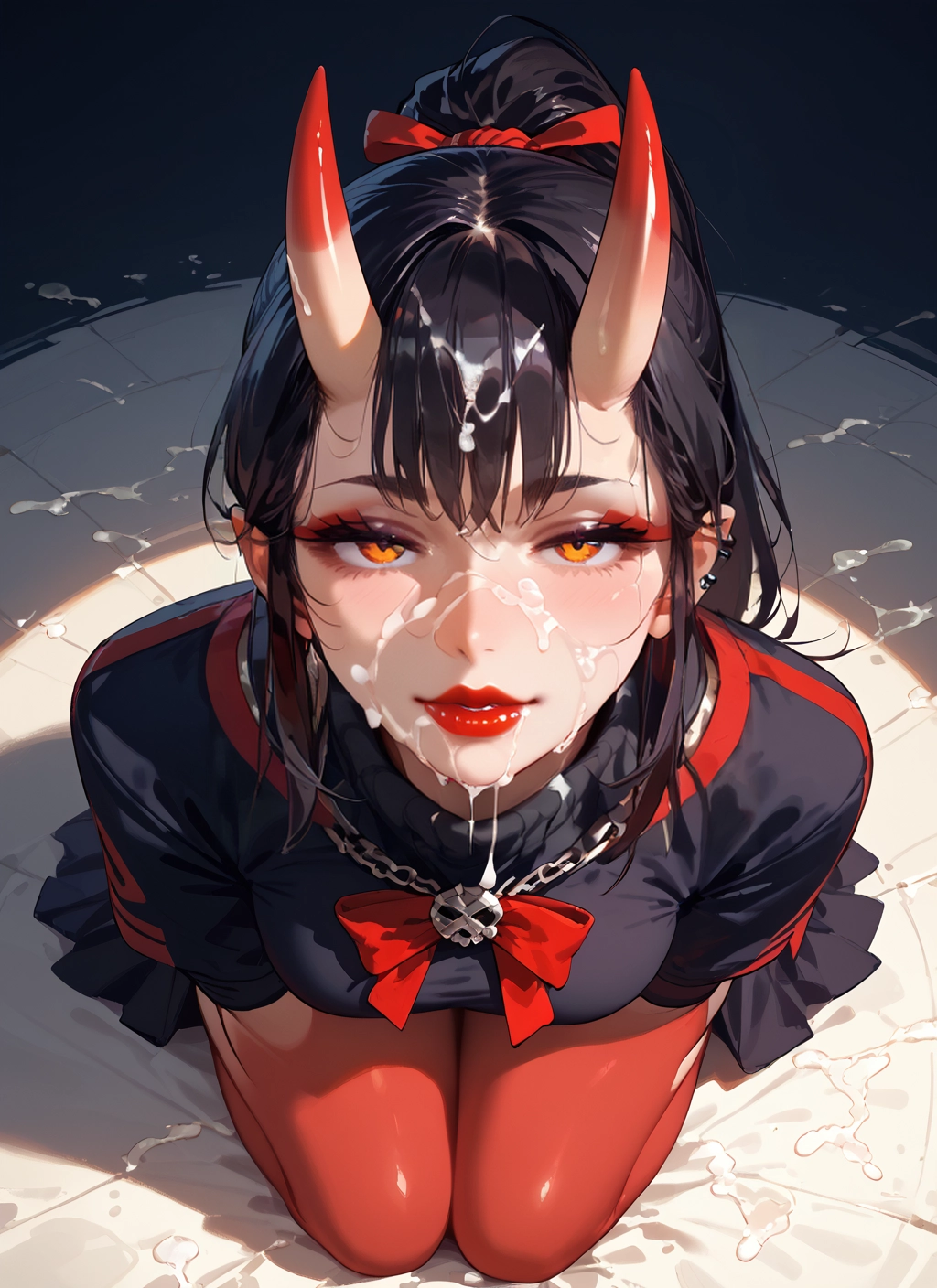 1girl, horns, cum, solo, facial, black hair · Yamete.gg