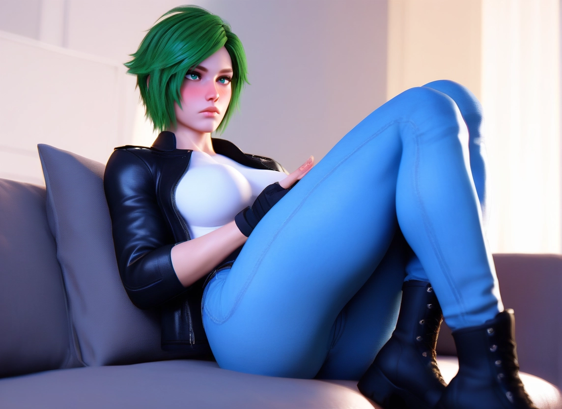 1girl, solo, pants, green hair, short hair, jacket · Yamete.gg