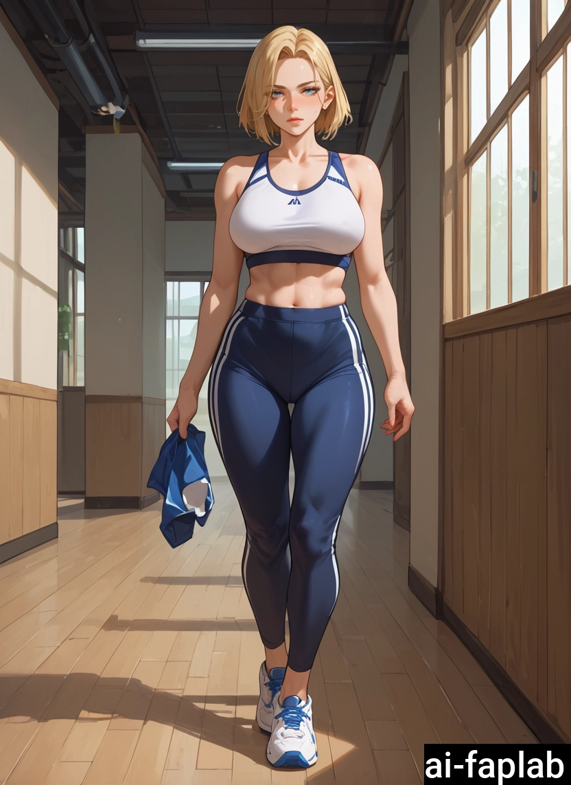 1girl, solo, breasts, blonde hair, blue eyes, pants · Yamete.gg