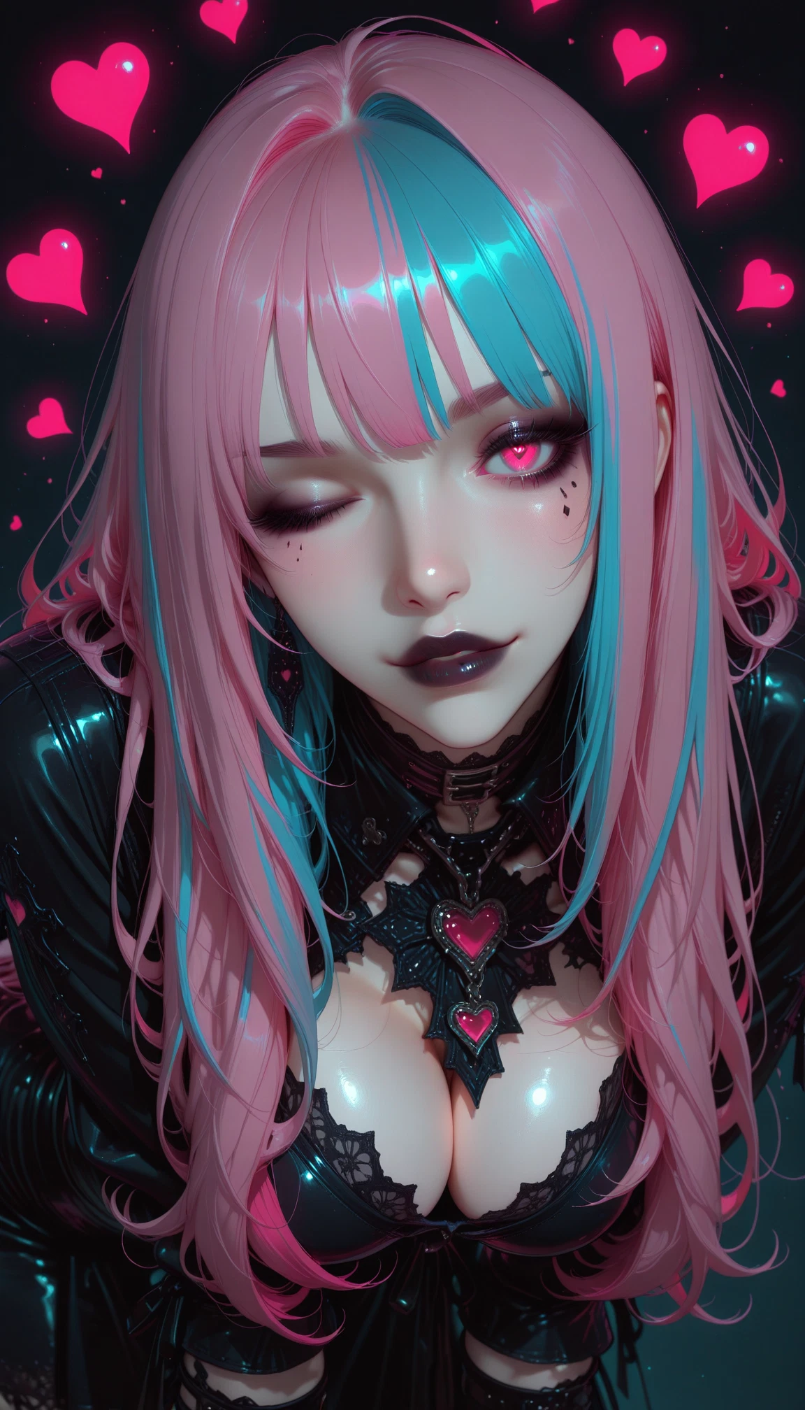 1girl, breasts, pink hair, solo, heart, one eye closed · Yamete.gg