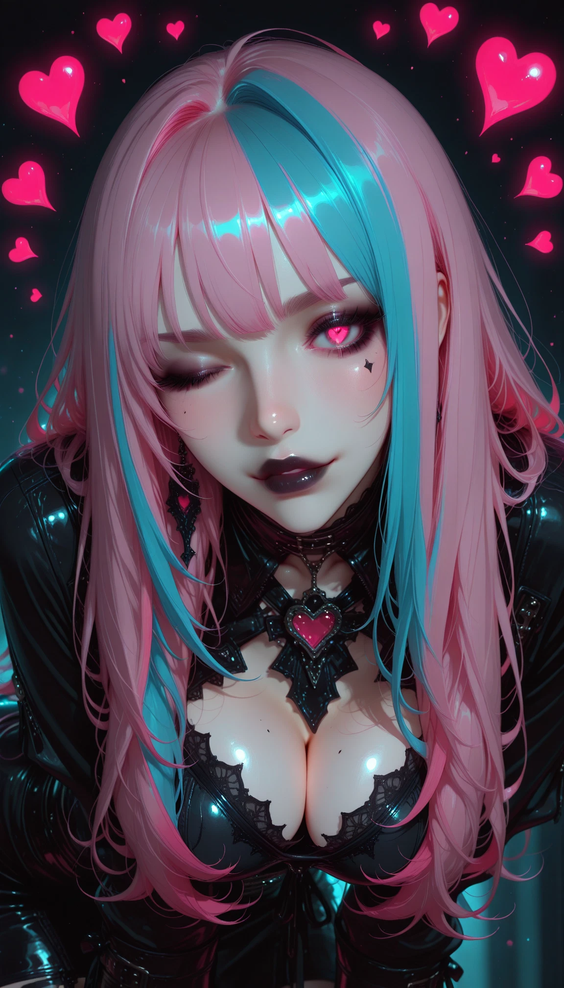1girl, breasts, heart, pink hair, solo, cleavage · Yamete.gg
