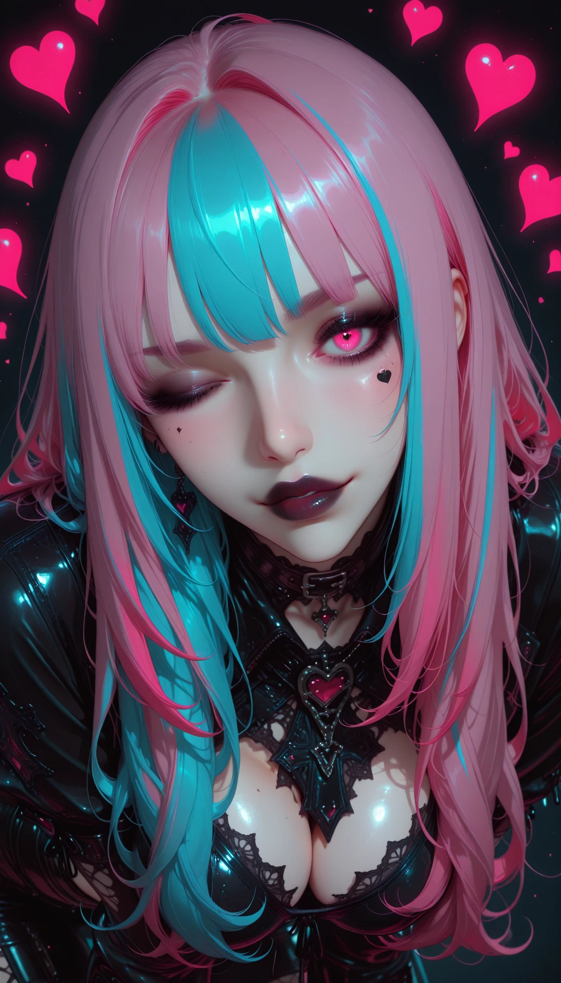 1girl, breasts, pink hair, heart, solo, multicolored hair · Yamete.gg