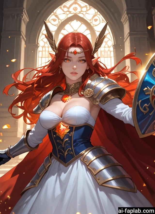 1girl, breasts, pointy ears, long hair, shield, solo · Yamete.gg