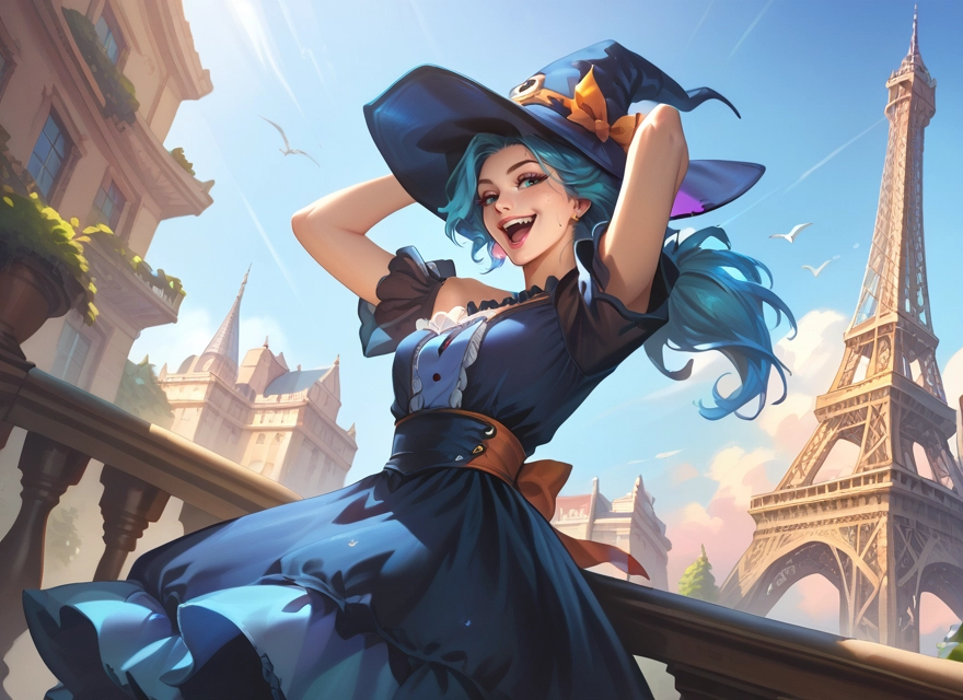 1girl, hat, witch hat, dress, solo, open mouth · Yamete.gg