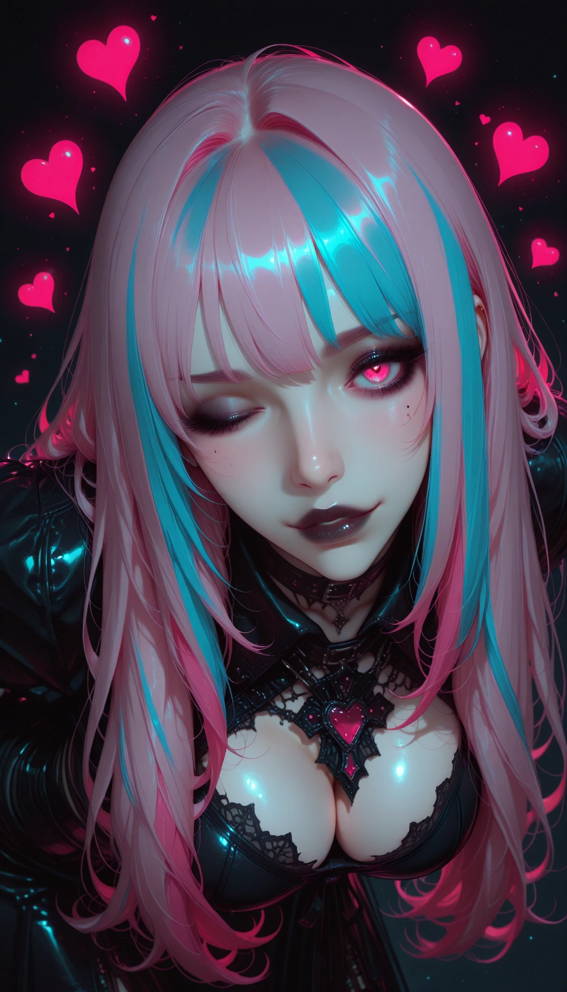 1girl, solo, breasts, pink hair, heart, multicolored hair · Yamete.gg