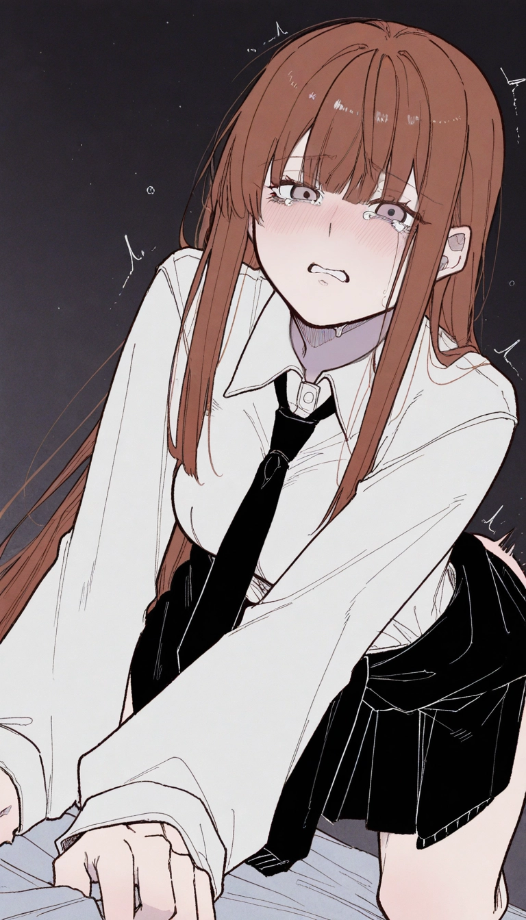 1girl, necktie, shirt, purple eyes, brown hair, long hair