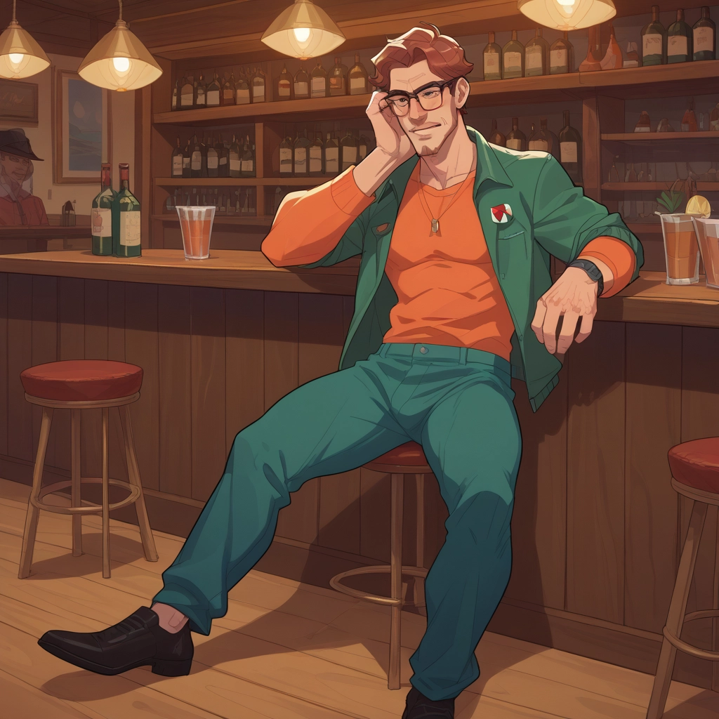 male focus, 1boy, pants, facial hair, bar (place), shirt · Yamete.gg