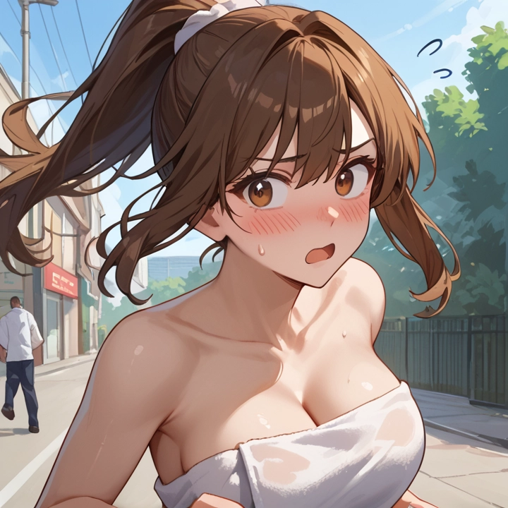 breasts, brown hair, 1girl, towel, blush, cleavage · Yamete.gg