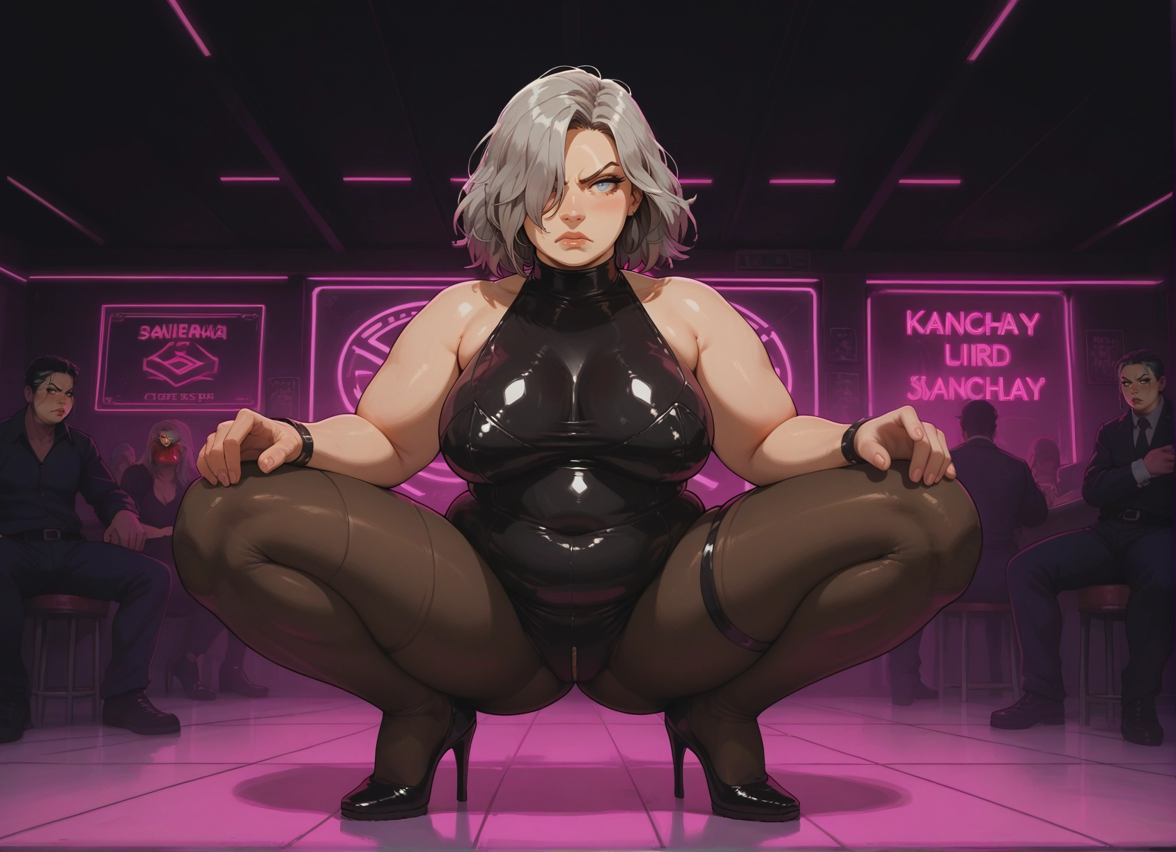 breasts, squatting, high heels, hair over one eye, pantyhose, multiple boys · Yamete.gg