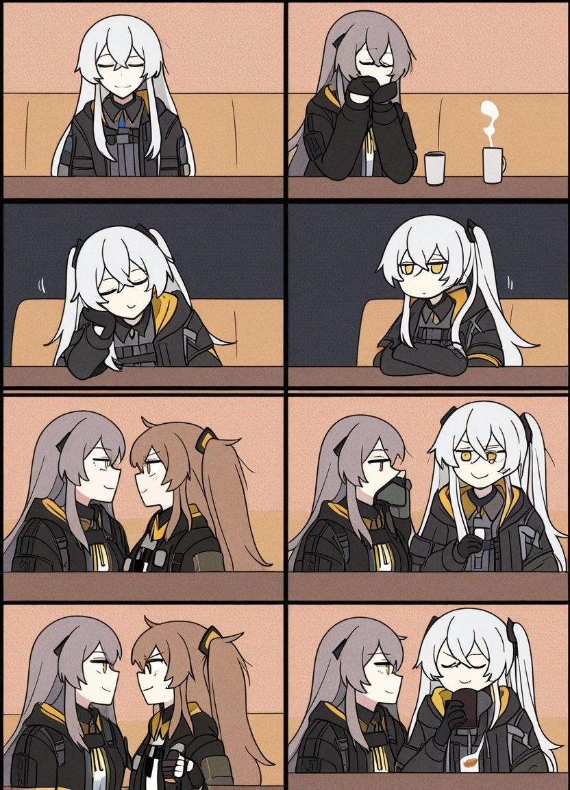 ump45 (girls' frontline), multiple girls, cup, 2girls, scar across eye, scar
