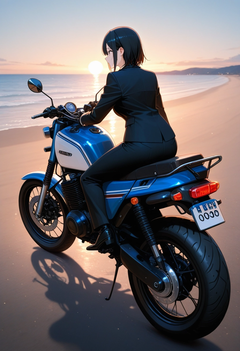 1girl, motorcycle, solo, motor vehicle, black hair, pants · Yamete.gg