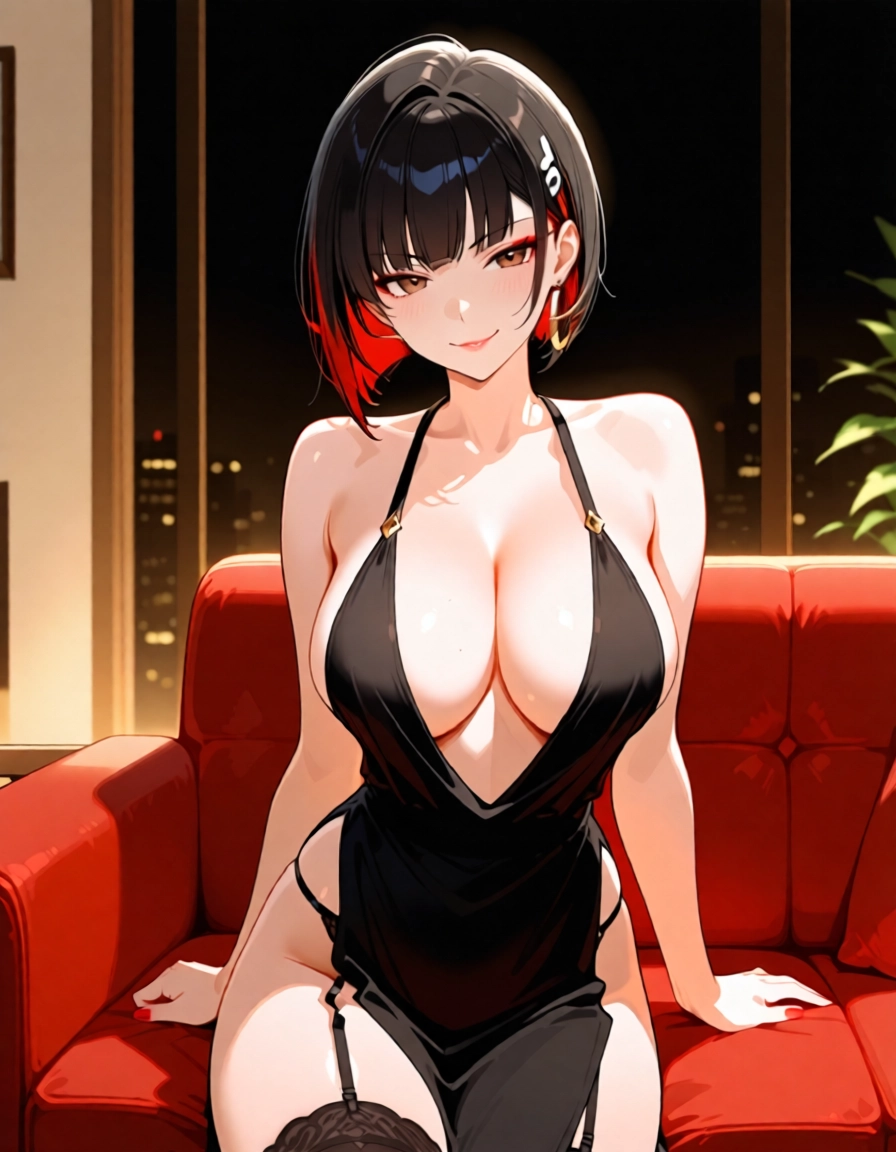 1girl, breasts, solo, large breasts, black hair, dress · Yamete.gg