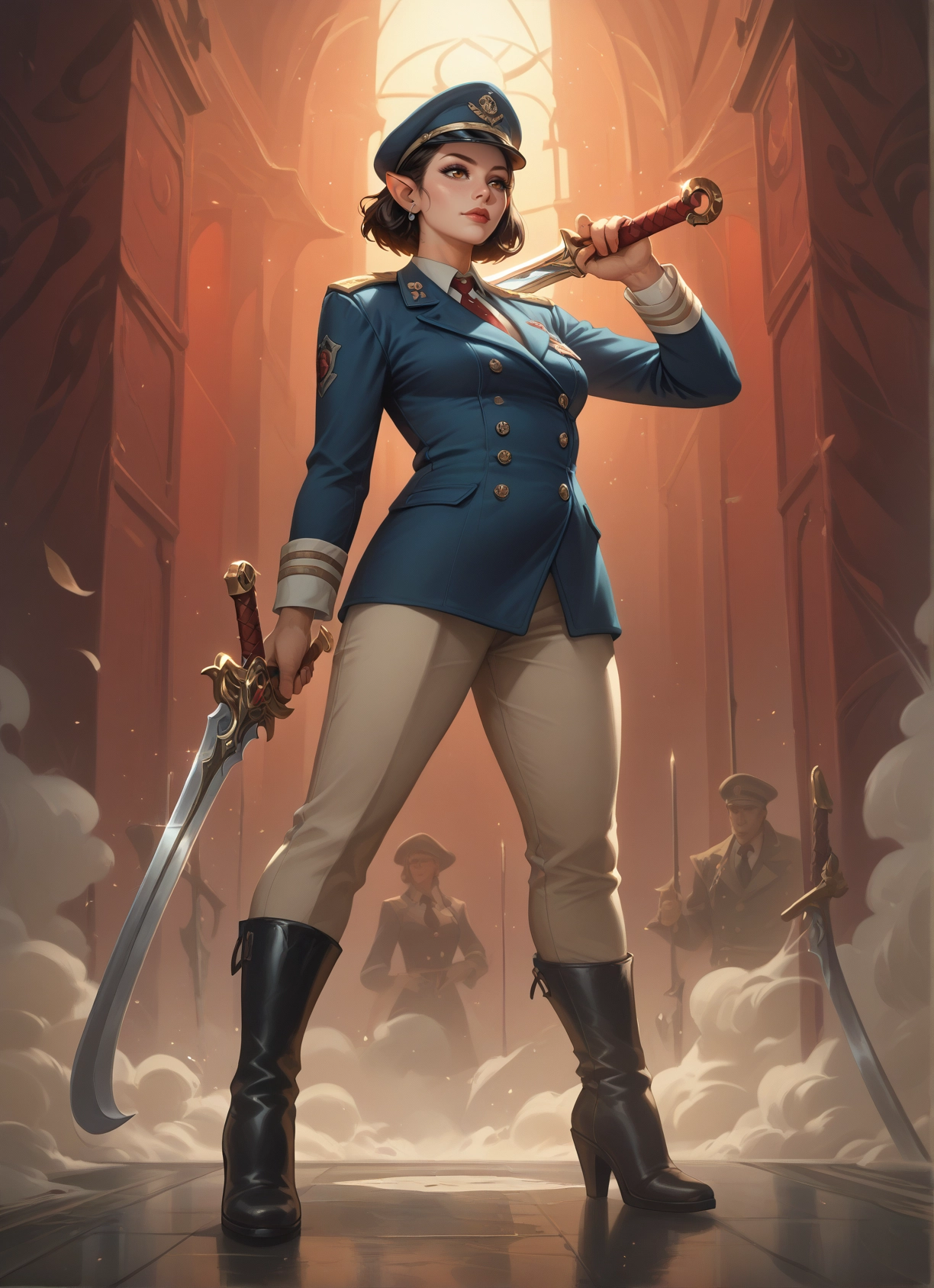 weapon, sword, boots, pointy ears, uniform, hat · Yamete.gg